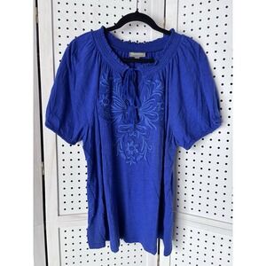 Style & Co Short SLV Blue Embroidered Tassel Women's XL Cotton Modal Blouse Boho